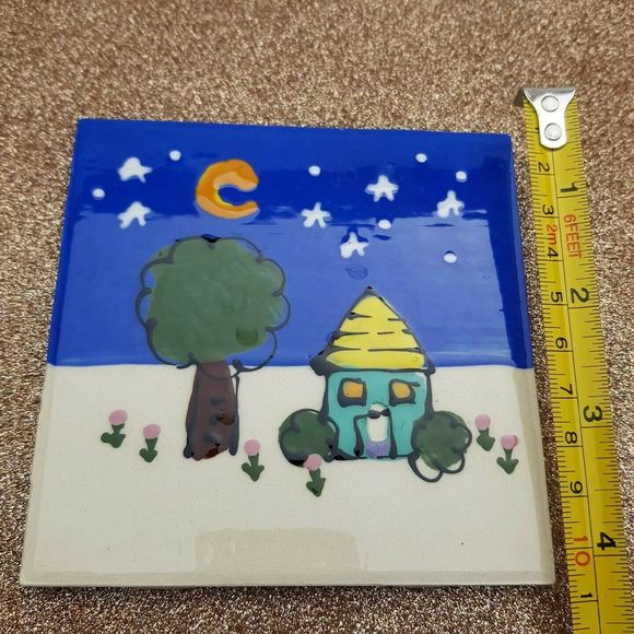 Robin Sterling Art Tile Signed Ceramic  Studio Pottery Night Moon 4.25" Square - Picture 4 of 12
